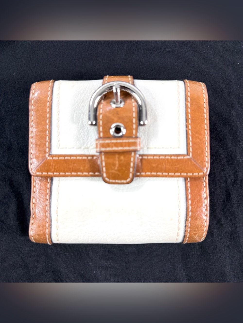 Coach White Leather Small Wallet Snap Tri Fold Buckle Clutch Brown Leather Trim